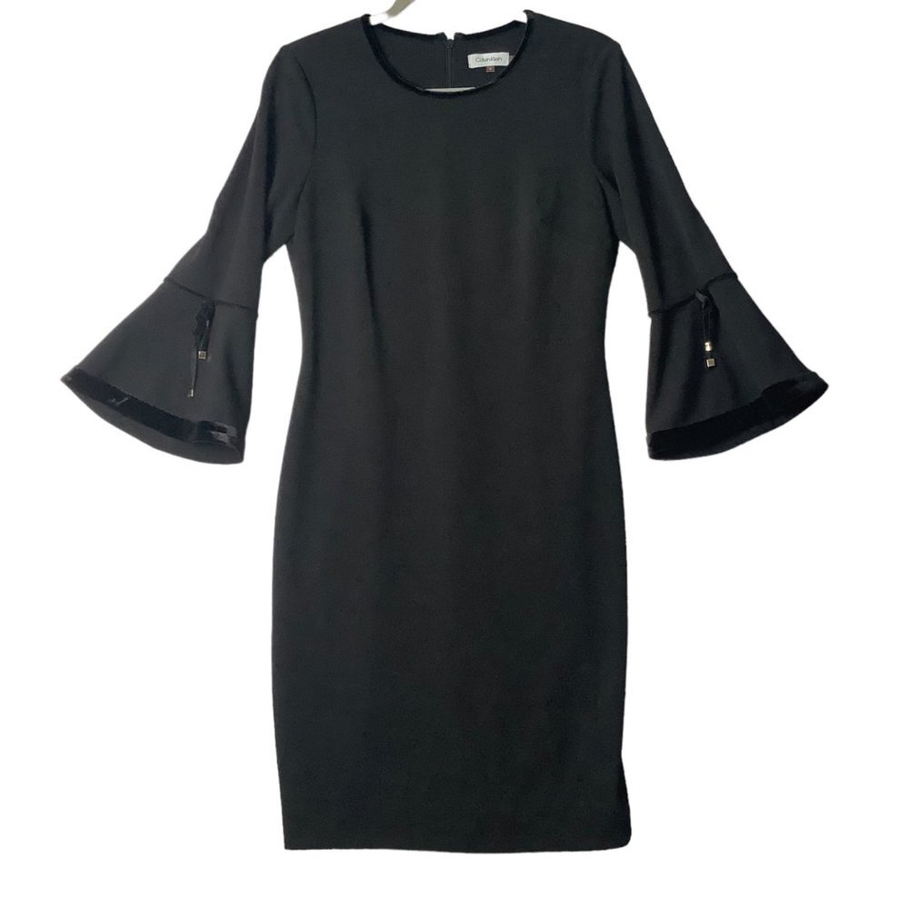 Calvin Klein Sheath Dress Women Size 8 Bell Sleeve Holiday Velour‎ Trim Stretchy